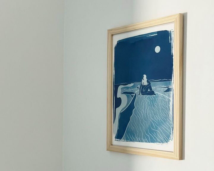 Tirage cyanotype bleu et blanc chez un client