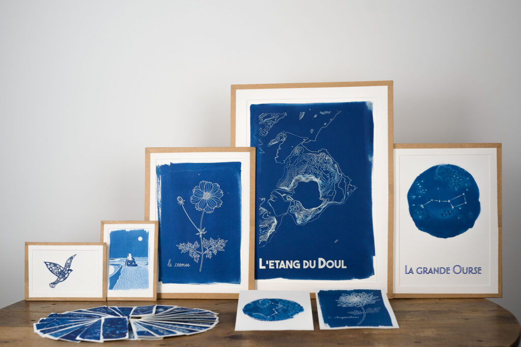 Cyanotypes encadrés du Labo sur les Nuages : L'étang du Doul, La Grande Ourse, fleurs et illustrations